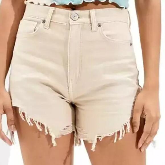 New American Eagle Mom Shorts Tan Distressed High Rise - Picture 2 of 8